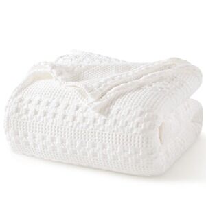 PHF Waffle Weave Blanket Twin White Green 100% Cotton Lightweight Breathable NEW